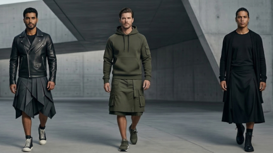 Multiple men modeling different outfits in a modern architectural setting