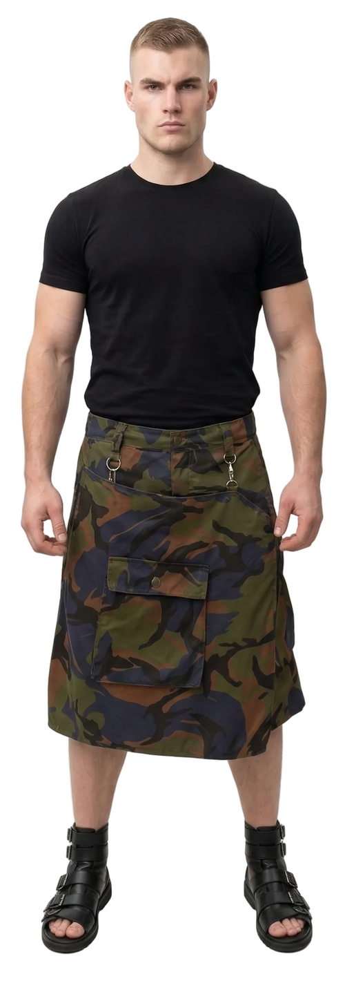 Man wearing a black t-shirt and camouflage kilt on a white background