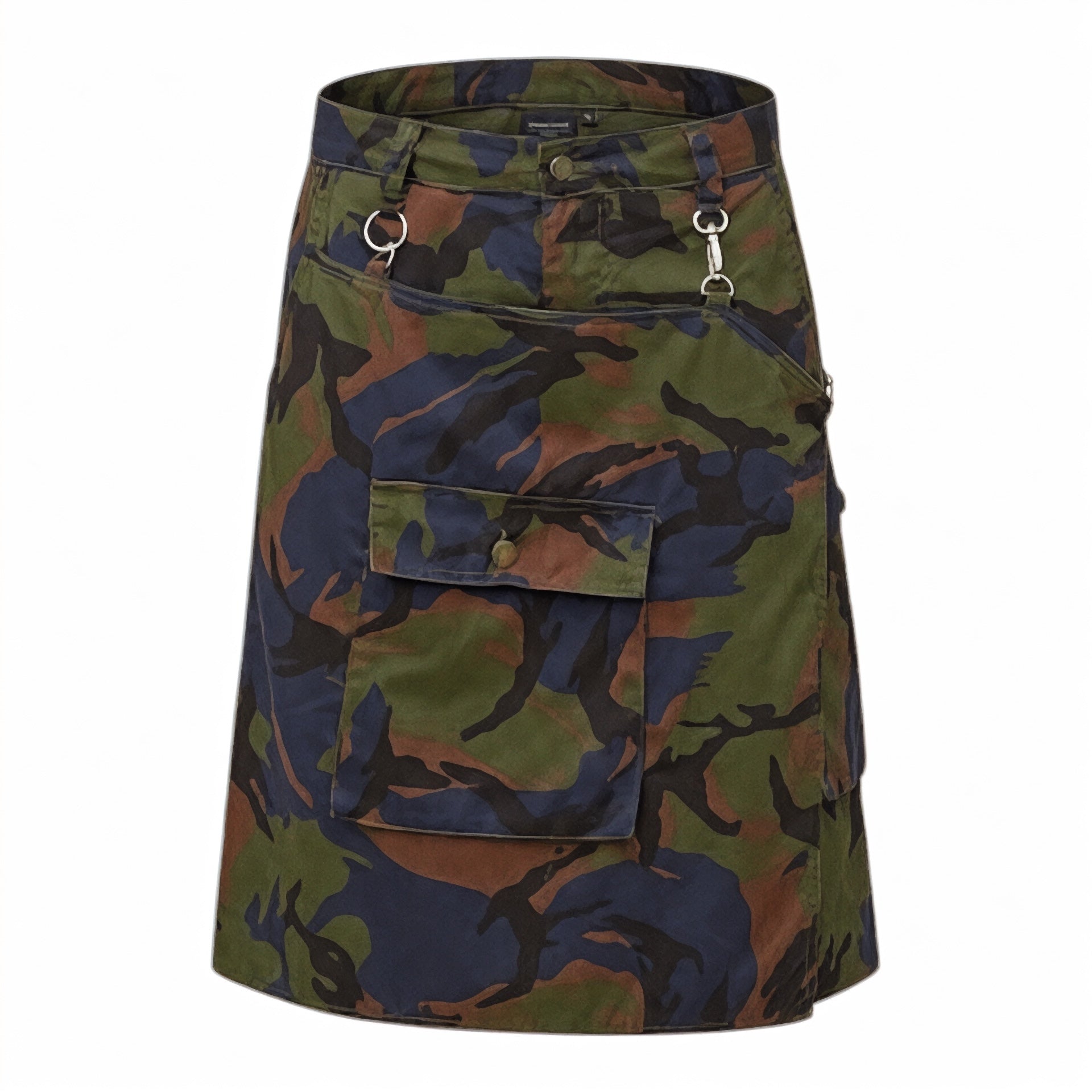 Camouflage skirt with multiple pockets on a white background