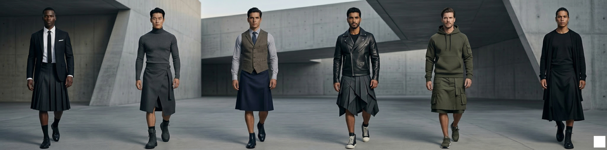 Multiple men modeling different outfits in a modern architectural setting