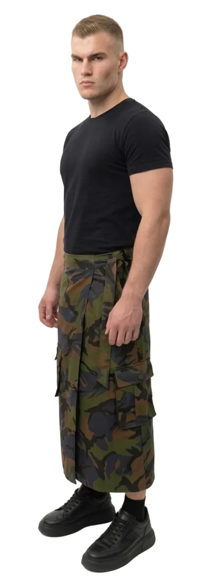 Man wearing a black t-shirt and camouflage skirt on a white background
