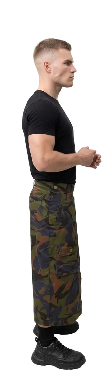 Man wearing camouflage skirt on a white background